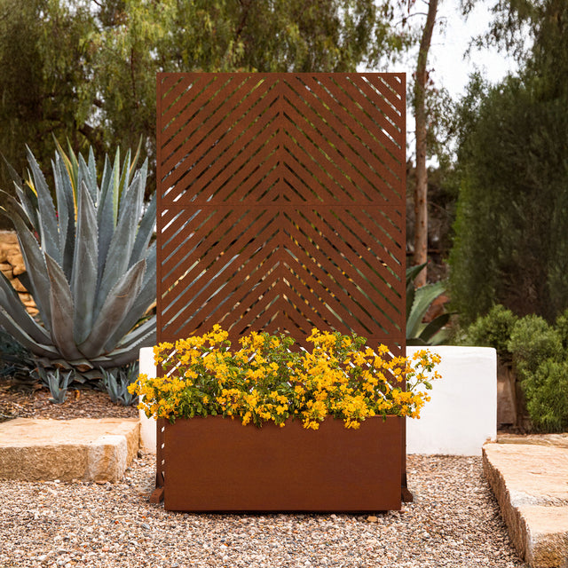 corten long box planter with privacy screen set