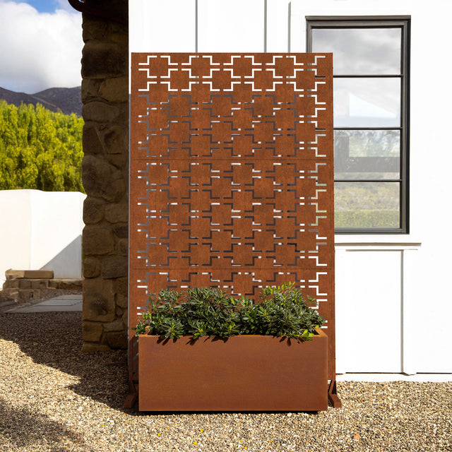 corten long box planter with privacy screen set